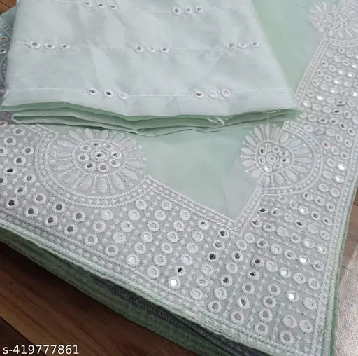 White and green sequined sari pallu with embroidery, fabric garment, Indian traditional attire