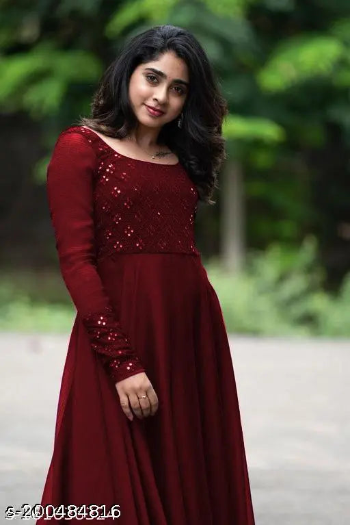 Trendy embellished georgette gown, long sleeves, single size S, Indian mirror work