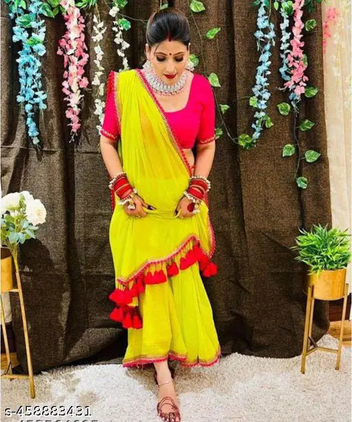 A stylish green saree with a unique pallu and blouse, made of georgette fabric, suitable for parties