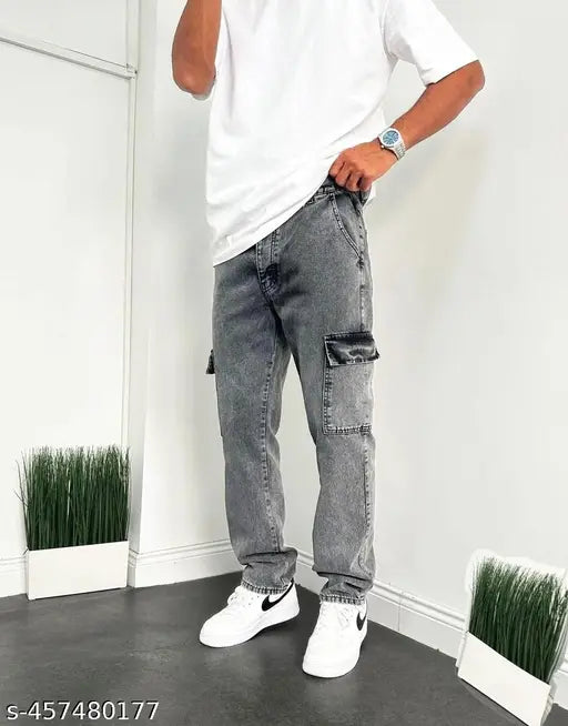 Grey denim bell-bottom jeans for boys, 6 pockets design, under 499 INR