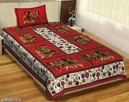 Gangor Jaipuri Print Cotton Single Bed Bedsheet with 1 Pillow Cover (Red)