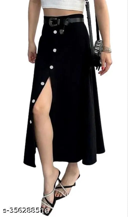 Black denim skirt, high waist, black button detail