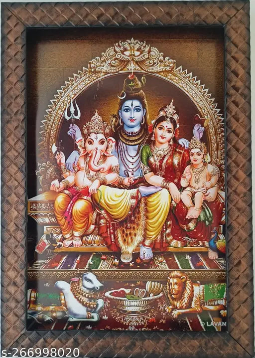Synthetic Resin, Indian-origin 9x12 inch family photo frame featuring Lord Shiva, Parvati, Ganesh, Kartikeya & Murugan