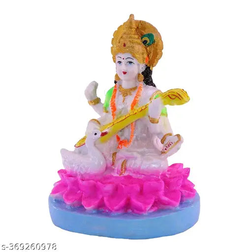 Touch Resin Maa Saraswati Ji Idol, Elegant Marble Decor Showpiece for Pooja Mandir