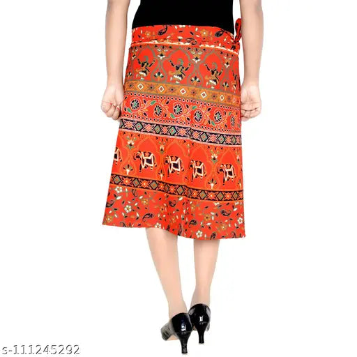 Orange patterned cotton wrap skirt with long hem