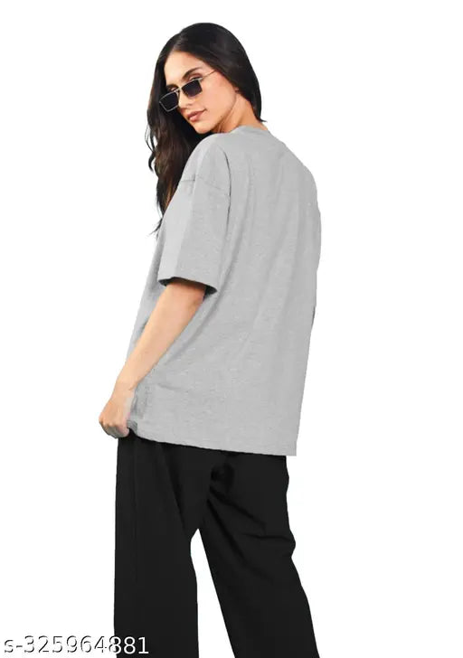 Trendy printed round neck oversized t-shirt for women in black, leopard print fabric