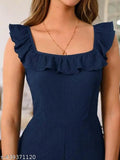 Comfy lycra jumpsuit for women, solid blue & black, high-waisted, sleeveless design, long length, regular fit