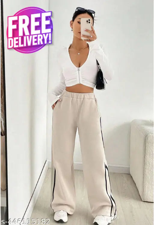 Stylish bell bottom pants, light beige color