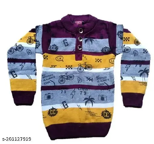Purple and yellow woolen sweaters for kids, long-sleeved printed winter wear