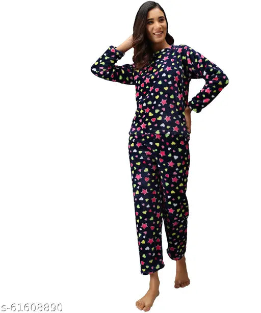 Women's Woolen-Fleece Fur core Velvet Winter Pyjama Set (M, L, XL, 2XL), vibrant printed design, premium quality Indian fabric