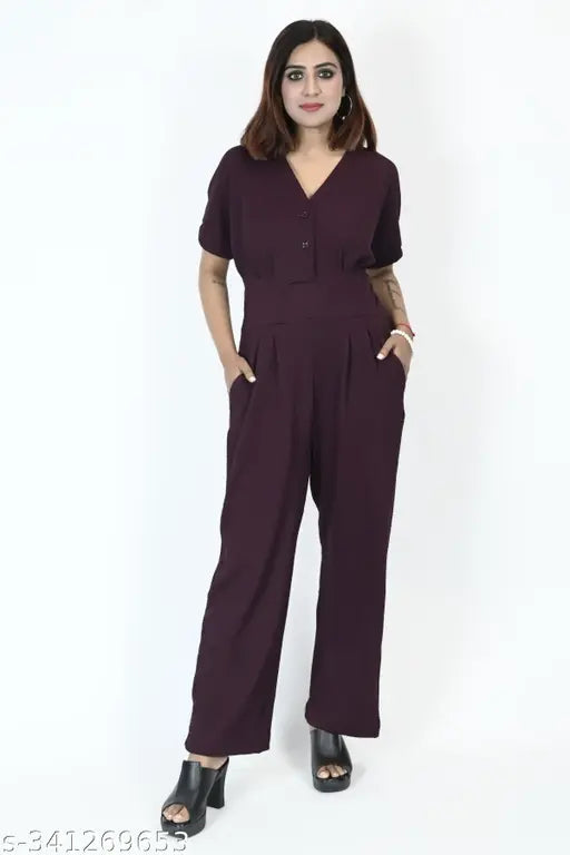 Wine red women's jumpsuit, Zenday casual stretchable polyester, soft and comfy plus sizes, designer look and feel