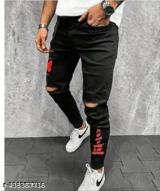 Black and red knee cut jeans with side pockets