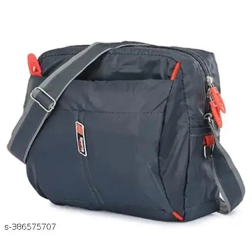 Grey waterproof sling bag, padded shoulder strap, multiple pockets, adjustable length