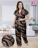 Black satin Morpankh printed night suit set, stylish women's loungewear from India