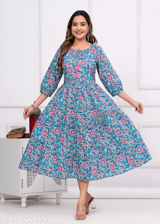 Cotton Floral Print Anarkali Kurti, three-quarter sleeves, India origin, versatile for various occasions