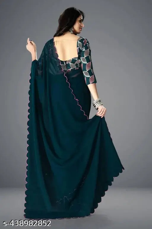 A vibrant blue georgette saree with stylish cut border and embroidered work blouse