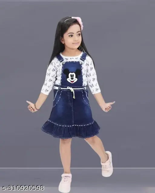 Denim dungaree with Minnie Mouse print, pink trim, blue denim fabric, girl's size 2-3