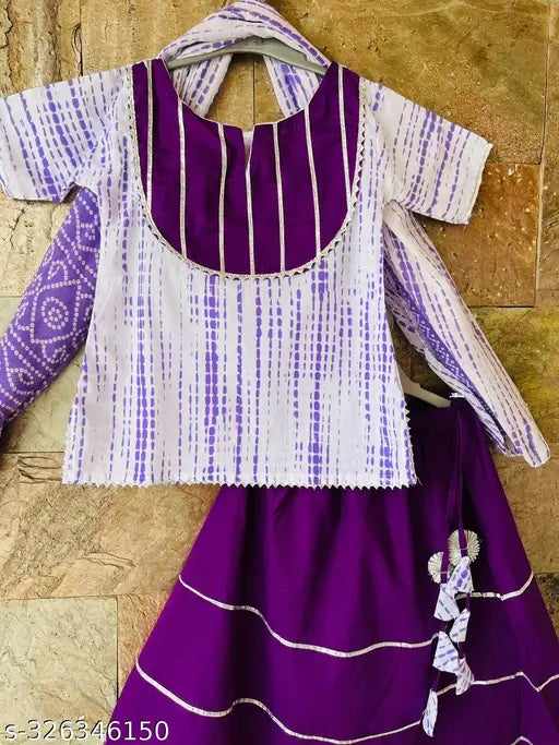 Purple Shibori print Mulmul Cotton SkirtTop with Dupatta, traditional ethnic wear for toddlers and kids, country of origin: India