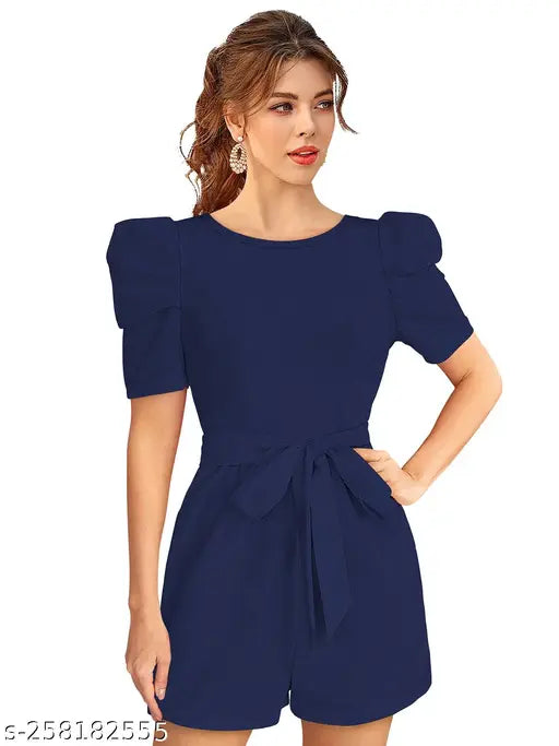 Trendy knit fabric stretchable women's short jumpsuit, solid color, perfect for summer