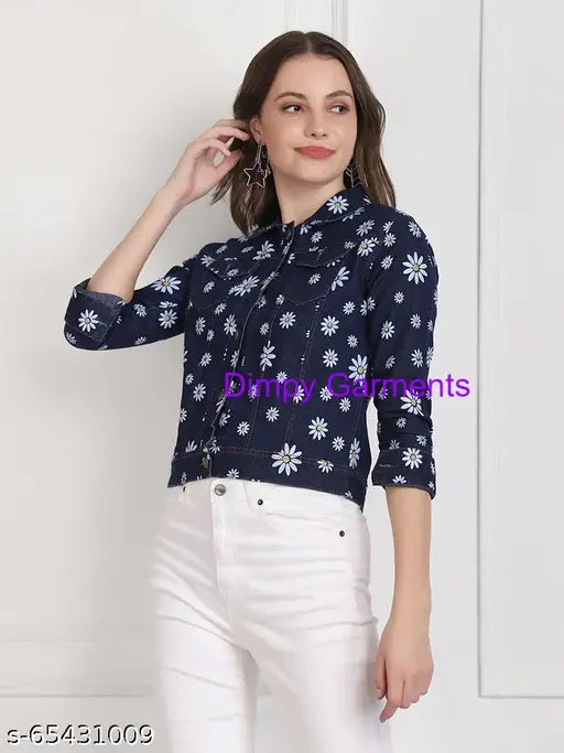 Dark blue floral printed denim jacket, three-quarter sleeves by Dimpy Garments. Vintage-style women's wear with spread collar and snap button closure