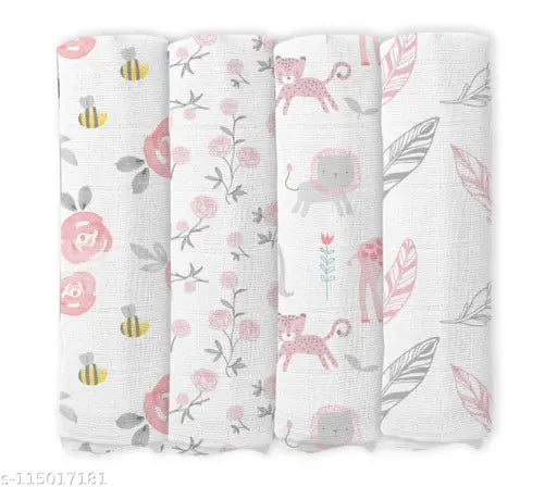 Organic cotton honey, p.rose, lion, leaf swaddles for babies (4-pack, 96x96cm), premium organic muslin with multipurpose use
