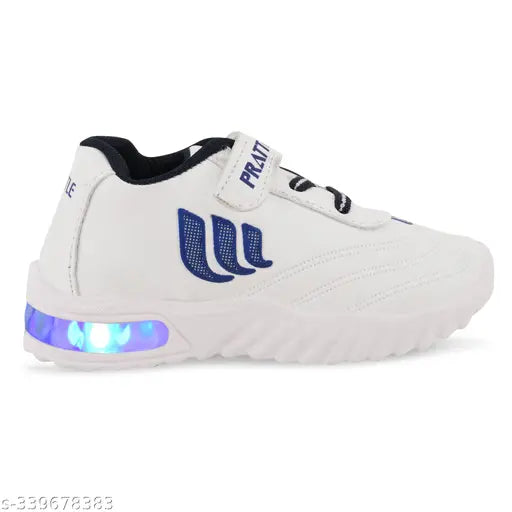White sports shoe with blue accents, light-up details on foot and side, velcro closure