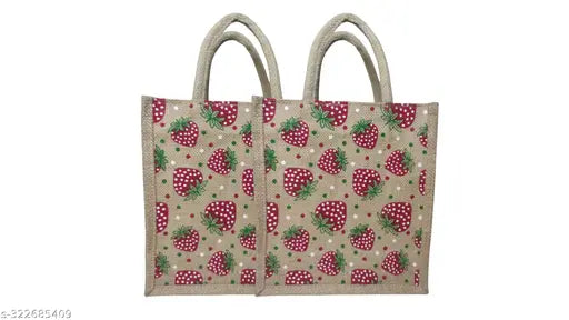 Strawberry patterned jute bag set of 2, 11 inch tall for lunch box, water bottle