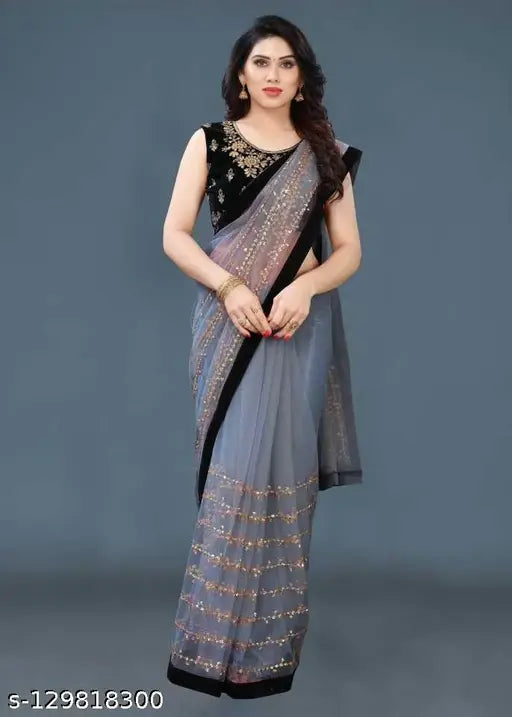 Grey embellished net sequin saree with separate velvet blouse, Indian ethic wear for special occasions