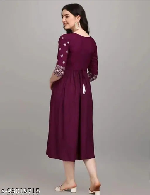 Embroidered rayon anarkali kurta for women, three-quarter sleeves, intricate Indian embroidery on XL size (bust 42in, length 45in)