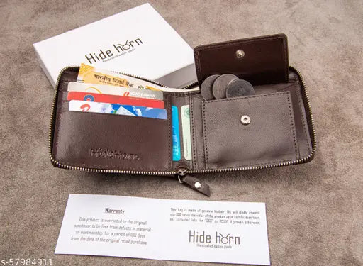 Brown leather bi-fold men's wallet, Hide Horn brand, RFID protected red round zipper, 2 compartments, solid pattern, daily use accessory for men