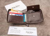 Brown leather bi-fold men's wallet, Hide Horn brand, RFID protected red round zipper, 2 compartments, solid pattern, daily use accessory for men