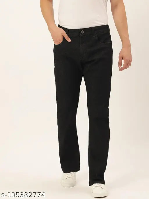 Cotton blend stretchable boot cut jeans for men, solid navy color, five-pocket design with belt loops and zip closure, size 28, 34, or 36
