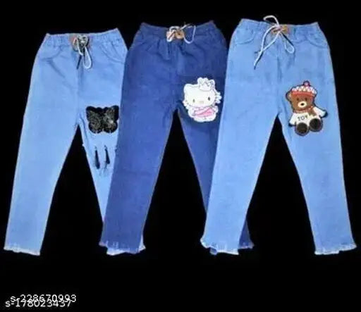 Blue kids' jean joggers with Hello Kitty and teddy bear patches