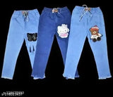 Blue kids' jean joggers with Hello Kitty and teddy bear patches