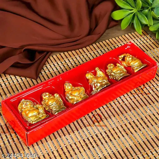 Gold polyresin laughing Buddha statue set of 6 pieces, various poses, commonly used for commercial decoration in Indian stores