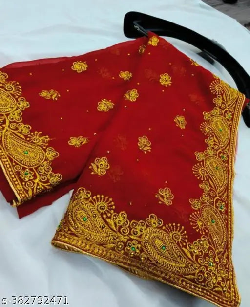 Red cotton georgette saree with gold paisley embroidery