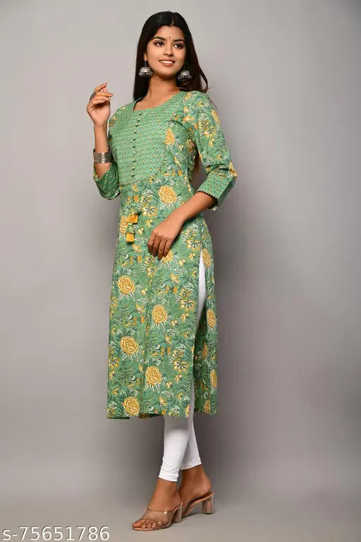 Swasti Women Printed Pure Cotton Straight Kurta (Dark Green)