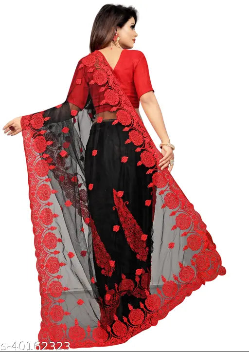 Fine quality net Kashvi saree with embroidered semi-stitched blouse, Indian fashion for free size