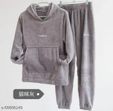 Women's woolen winter nightsuit with hood, made for cozy winters in soft and comfortable fabric. Solid color, long sleeves, and available in sizes M, L, XL, XXL. Handmade in India