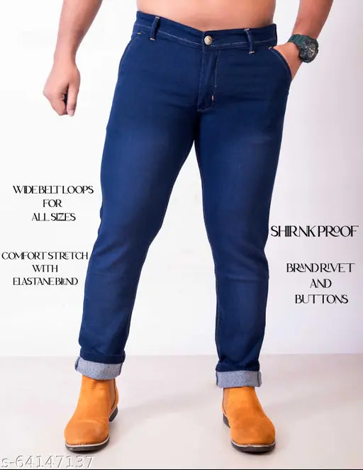 Men's blue denim jeans, AEMAC brand solid net fabric, size 30 (waist 31", length 42", hip 38") or size 32 (waist 33", length 42", hip 40"), made in India