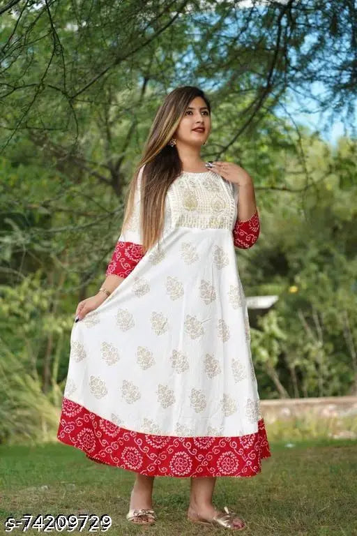 Rayon slub, printed umbrella ankle kurti with embroidery, women's three-quarter sleeve fashion in various sizes