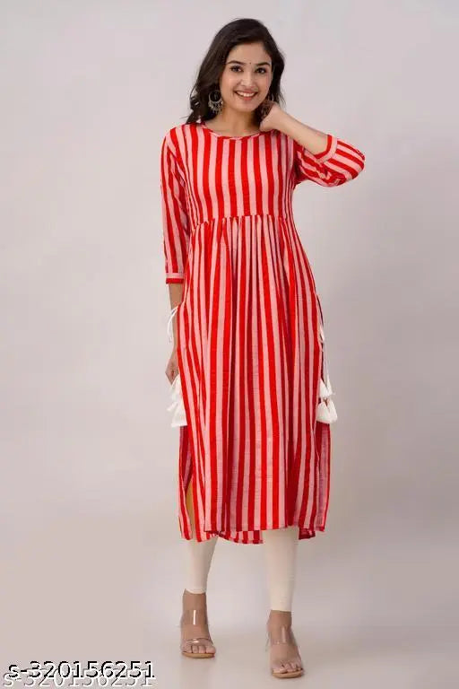 Red striped printed rayon A-line kurti for women's party wear, festive, or wedding events (Three-Quarter Sleeves, Sizes: S-XXXL, Country of Origin: India)