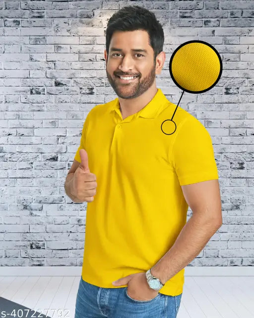 Yellow polo dot knit cotton blend t-shirt for men and women by Famta Loka, short sleeves