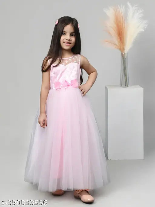 Pink net embellished girls party dress, full length, 1-2 years size, balloon print design
