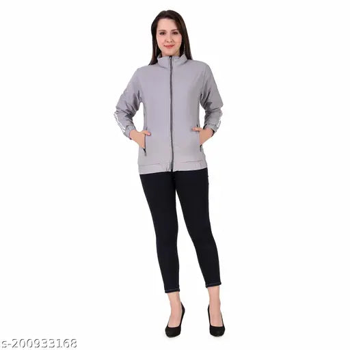 Polyester long-sleeve winter jacket for women and girls. Solid pattern, trendy and stylish, suitable for various sizes S-6XL. Indian origin
