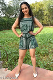 Printed rayon emerald jumpsuit, sleeveless, boho-chic style, green clothing for women, India origin