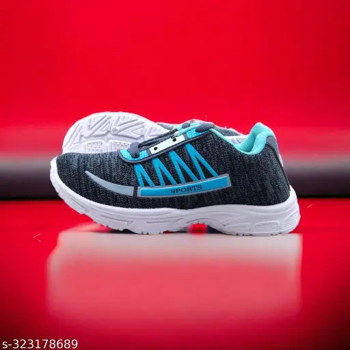 Blue, black, grey kids shoe with white sole, velcro straps, breathable fabric