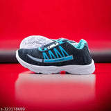 Blue, black, grey kids shoe with white sole, velcro straps, breathable fabric