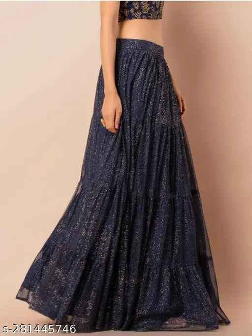 Blue lace maxi skirt with flared hem and fitted waist