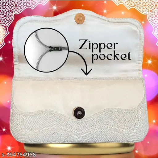 White pearl-designed clutch for women with zipper closure